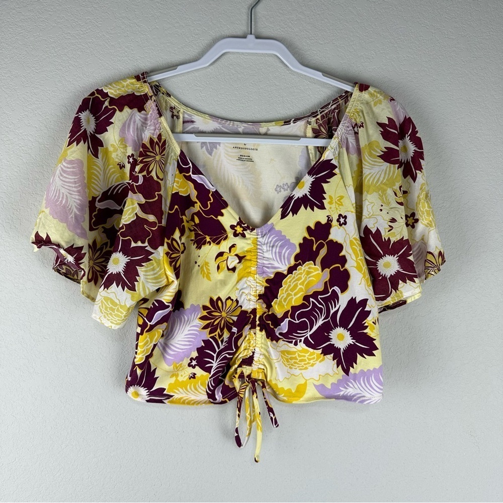 Maeve Anthropologie Yellow Purple Floral Cinched Flutter Sleeve Crop Top Medium